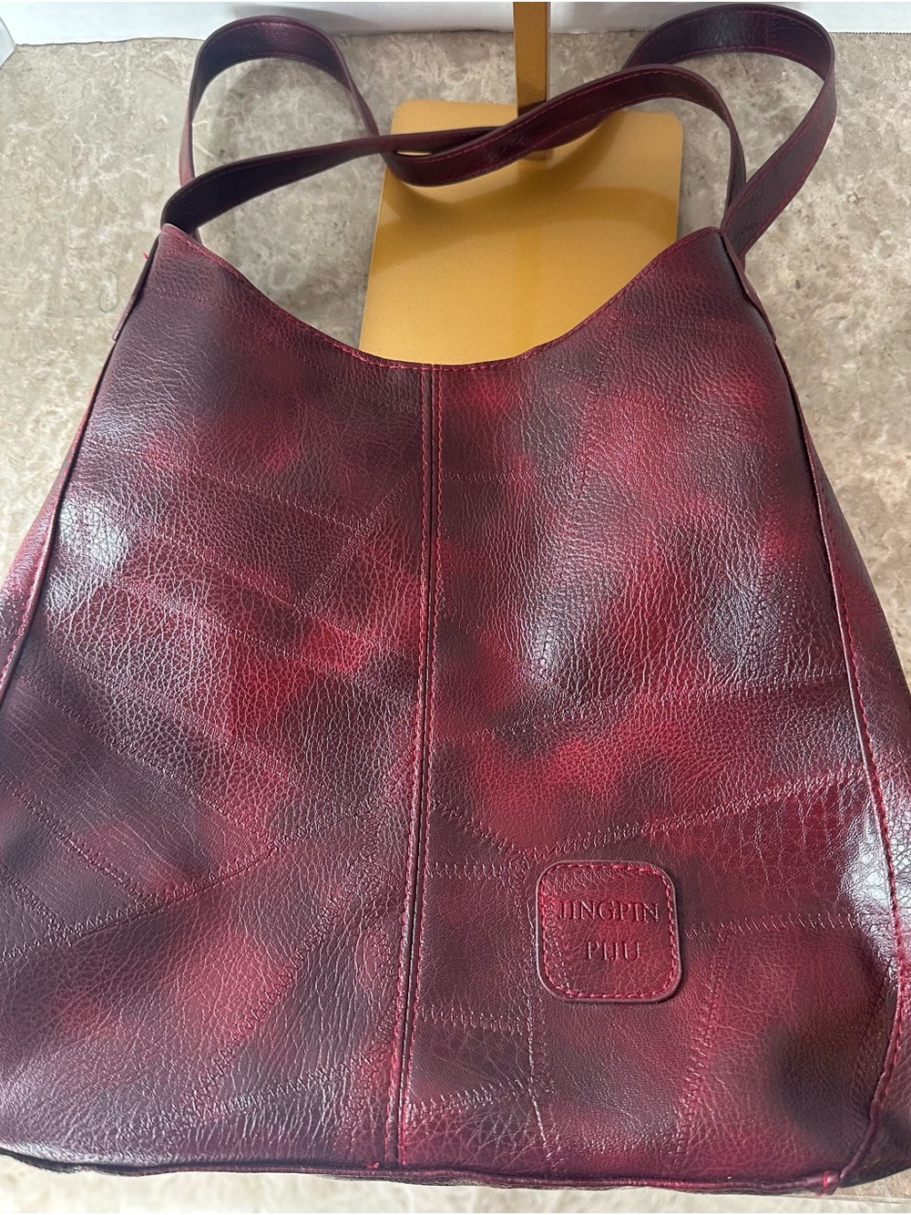 Burgundy Patchwork Hobo Bag Slouchy Vegan Leather Shoulder Purse Y2K Goth Grunge - Picture 11 of 14